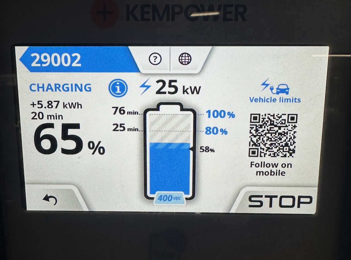 Kempower charger screen showing 25 kW charging at 65% state of charge, with a 'Vehicle limits' indicator in the top right corner.