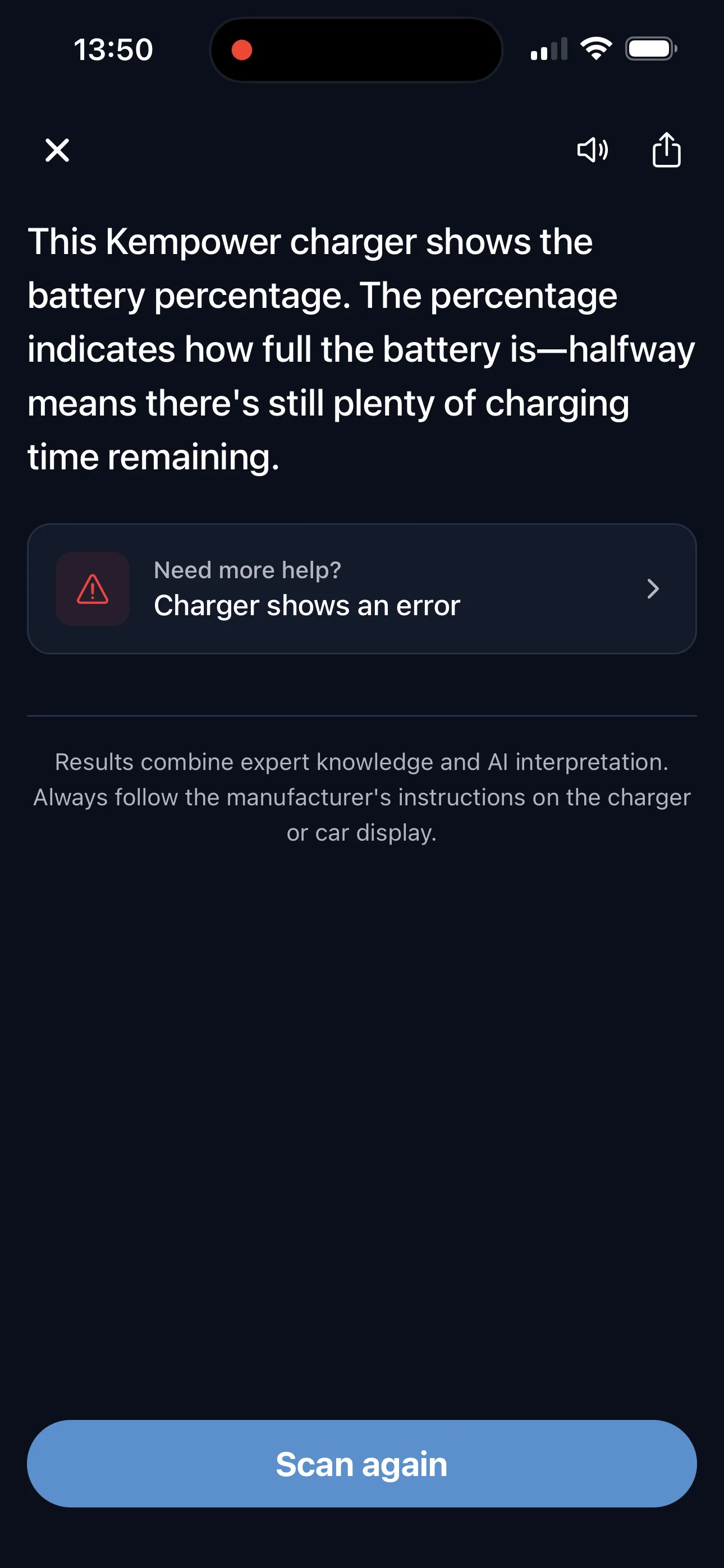 EVcourse scanner result: Kempower charger battery percentage explained with step-by-step help
