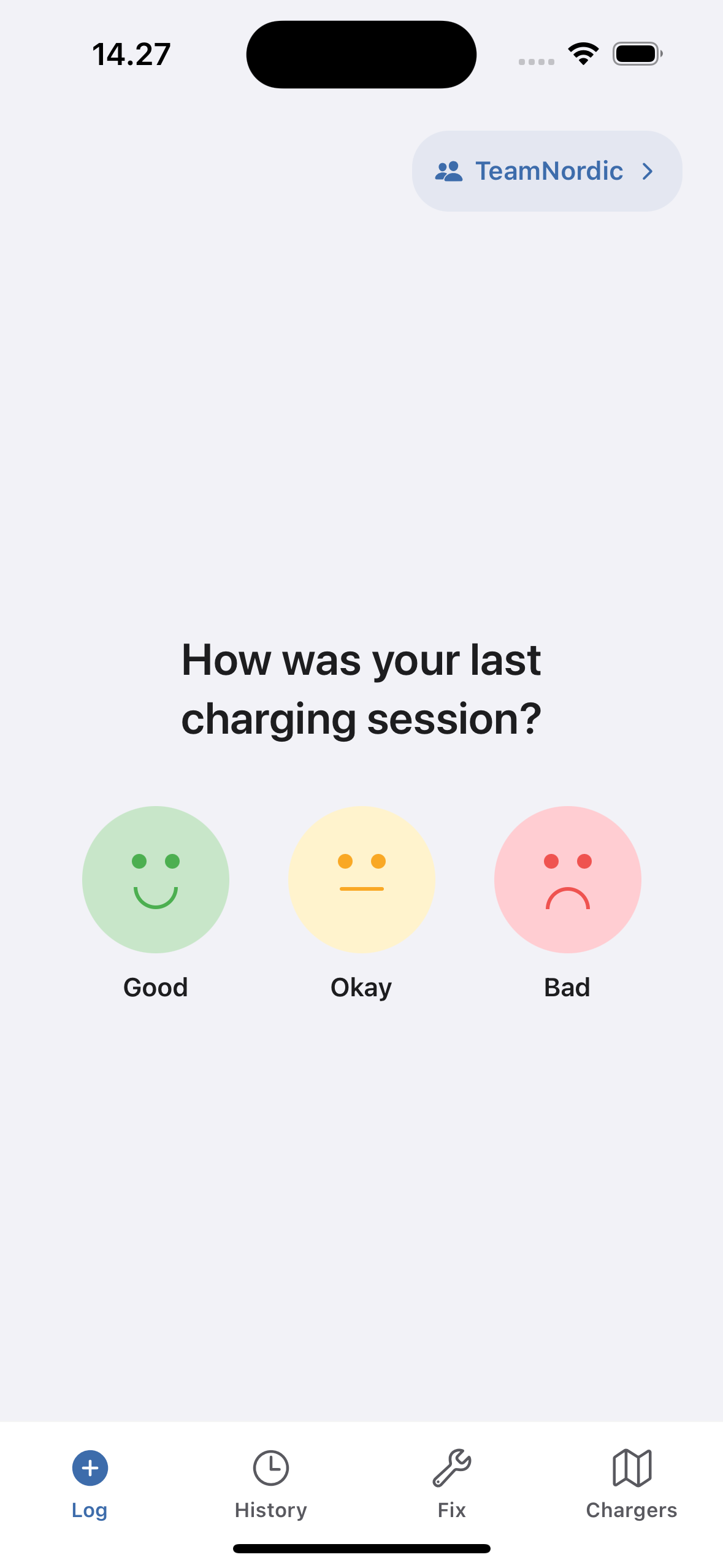 EVcourse app Log screen showing feedback prompt with Good, Okay, and Bad options and TeamNordic team code active